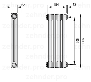 Схема (чертеж) Радиатор Zehnder Charleston 2090/4 №7610 Белый глянцевый RAL 9016